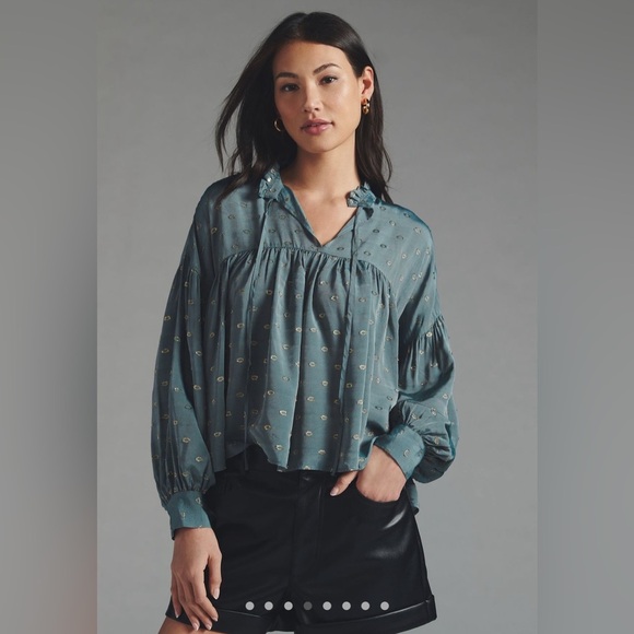 Anthropologie Tops - Anthropologie Ruffled Peasant Blouse Gold and Slate Blue Blouse Size XXS